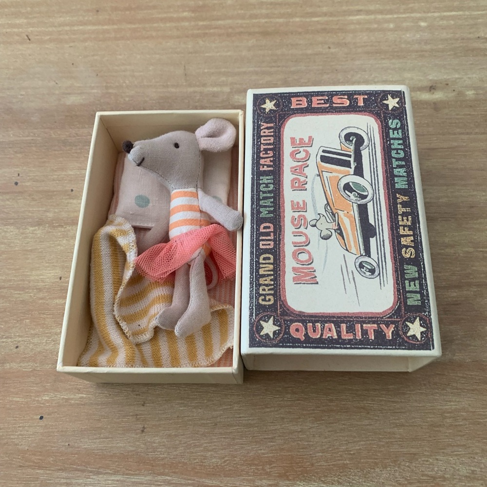 Maileg Mouse in Pink Dress with Striped Blanket - Home Accents